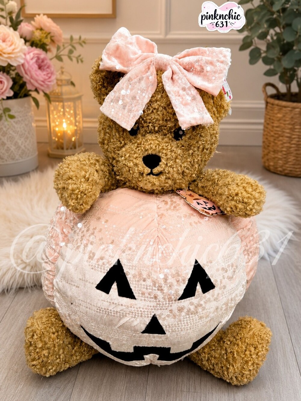 Large Pink Teddy Bear Jack-o'-lantern Halloween Pumpkin Coquette Bow Sequins